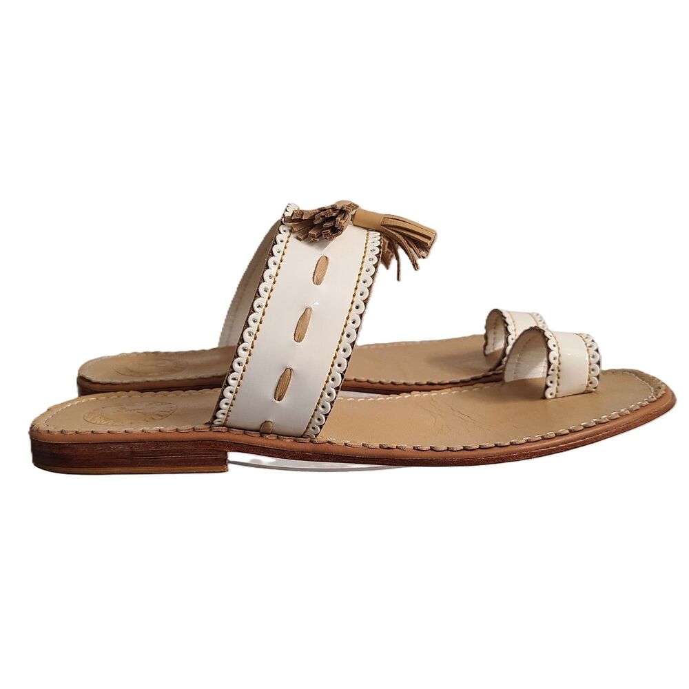 Women’s White Leather Slide Sandals with Tassel Accent